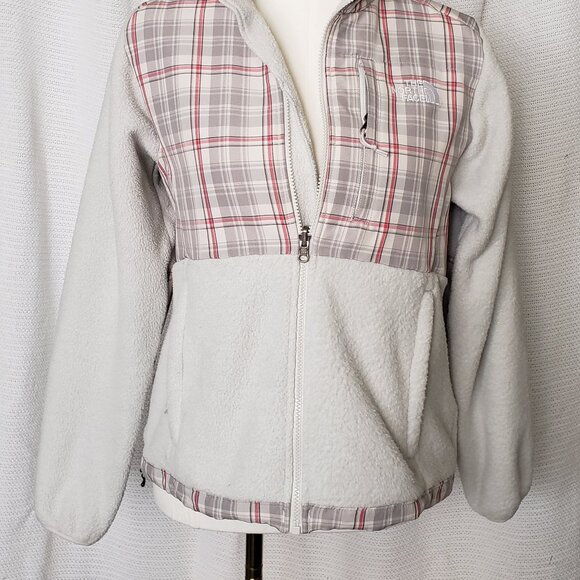 The North Face Retro Denali fleece jacket with red grey off-white plaid women's - Picture 3 of 16